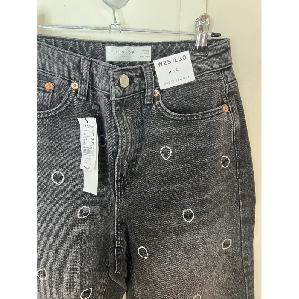 Topshop Mom Jeans W25 L30 Washed Black Rhinestone Alien Head Embellished NWT